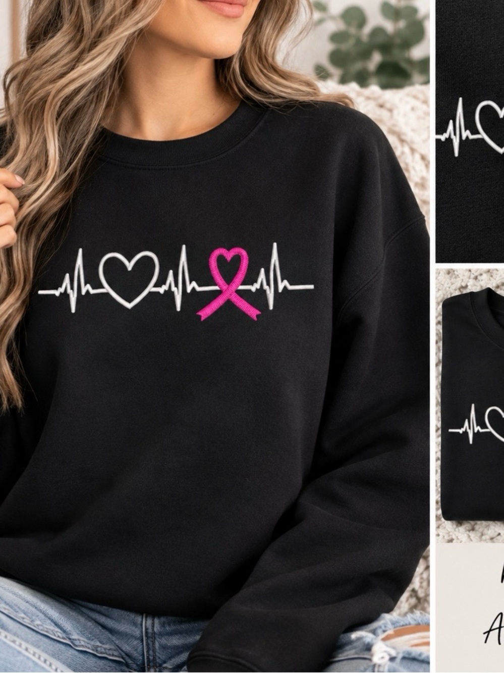 Gildan Black Sweatshirt with White Heartbeat and Pink Ribbon Graphic